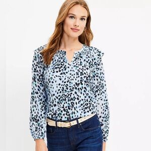 Loft smocked split neck blue animal print blouse, size small